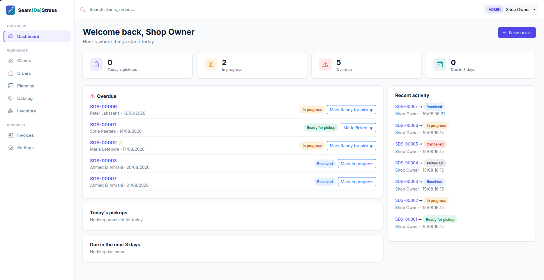 Seam(De)Stress dashboard — today's pickups, due-soon and overdue counts, and recent activity at a glance